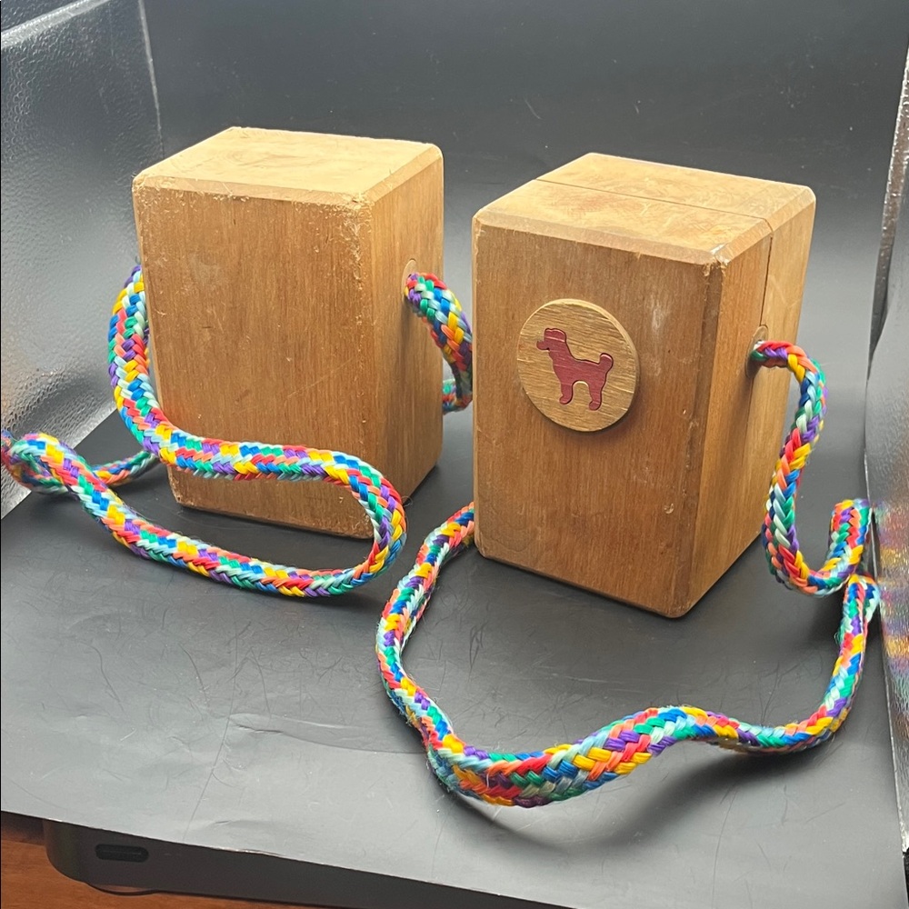 VINTAGE Wooden Block Clackers stilt with Rainbow Braided Cord